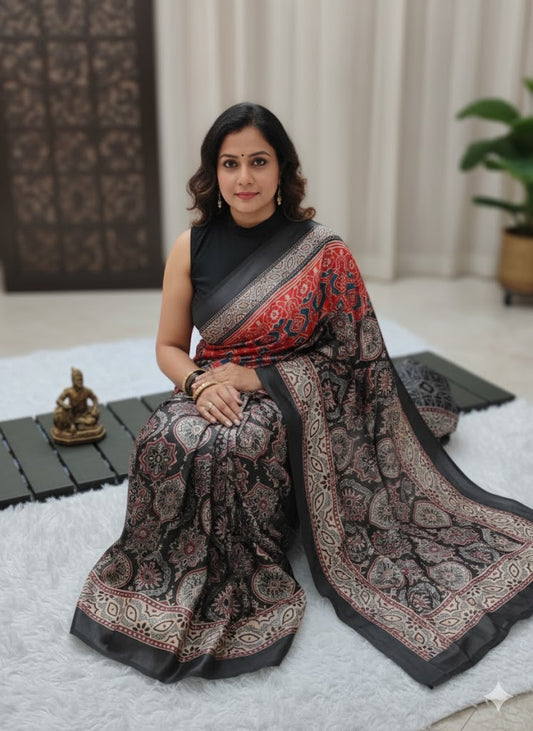 Pure Modal Silk Handloom Saree With Ajrakh Digital Print