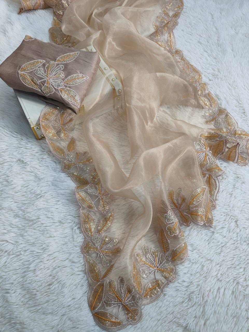 Pure Bright orgenza silk with 3mm sequins embroidery work & designer arco cut border