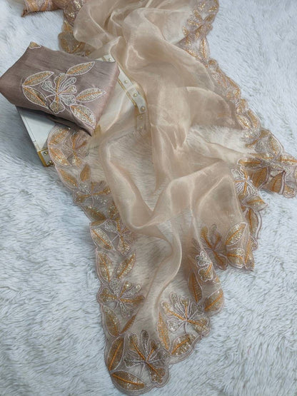 Pure Bright orgenza silk with 3mm sequins embroidery work & designer arco cut border