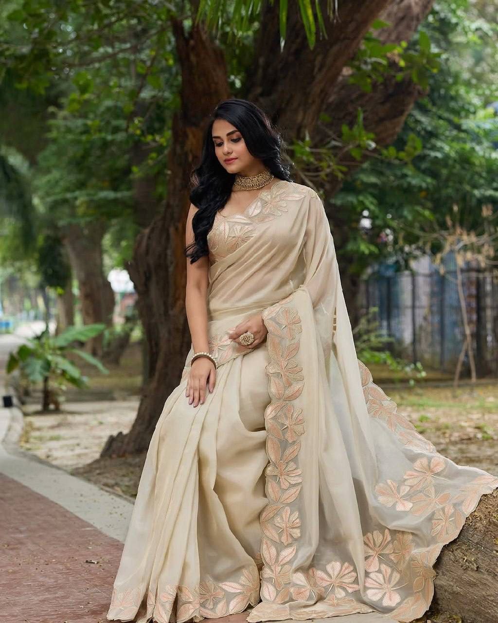 Pure Bright orgenza silk with 3mm sequins embroidery work & designer arco cut border