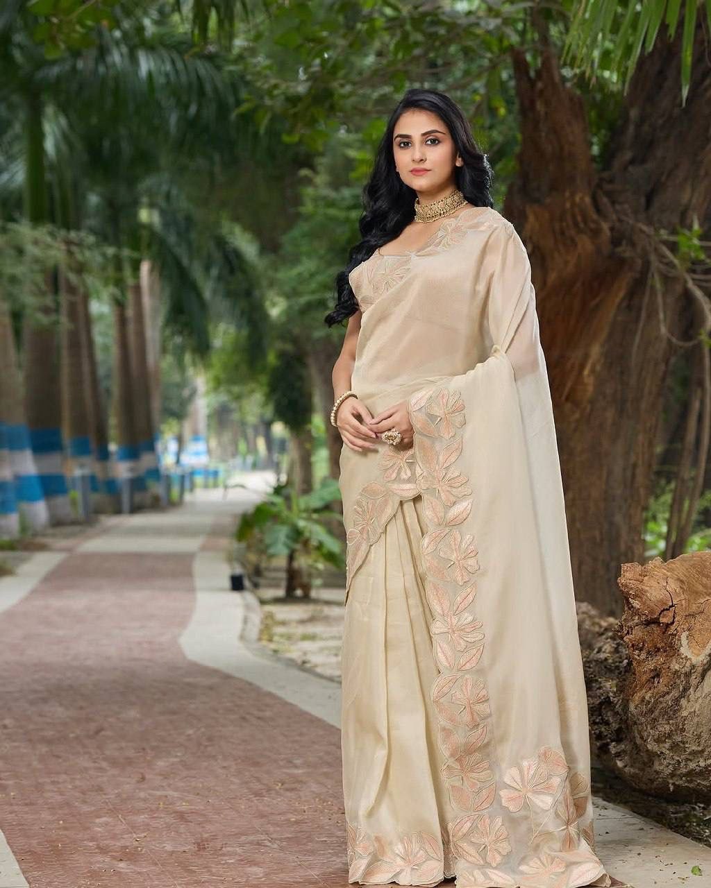 Pure Bright orgenza silk with 3mm sequins embroidery work & designer arco cut border