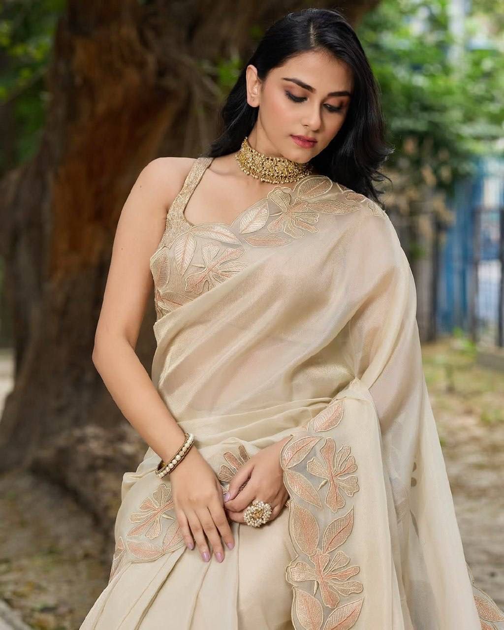 Pure Bright orgenza silk with 3mm sequins embroidery work & designer arco cut border