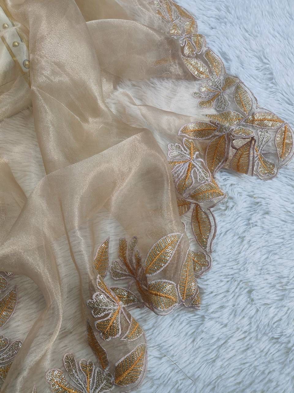 Pure Bright orgenza silk with 3mm sequins embroidery work & designer arco cut border