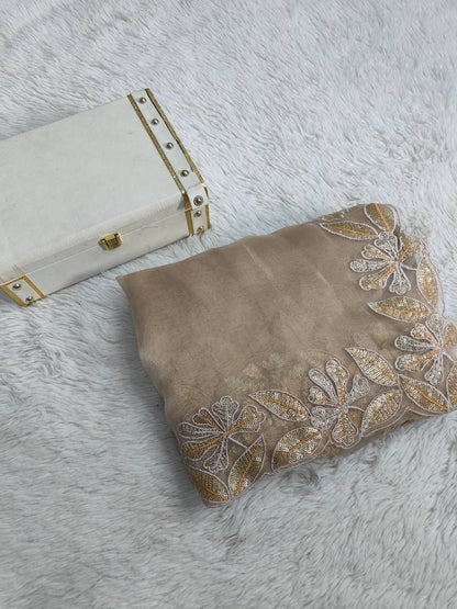 Pure Bright orgenza silk with 3mm sequins embroidery work & designer arco cut border