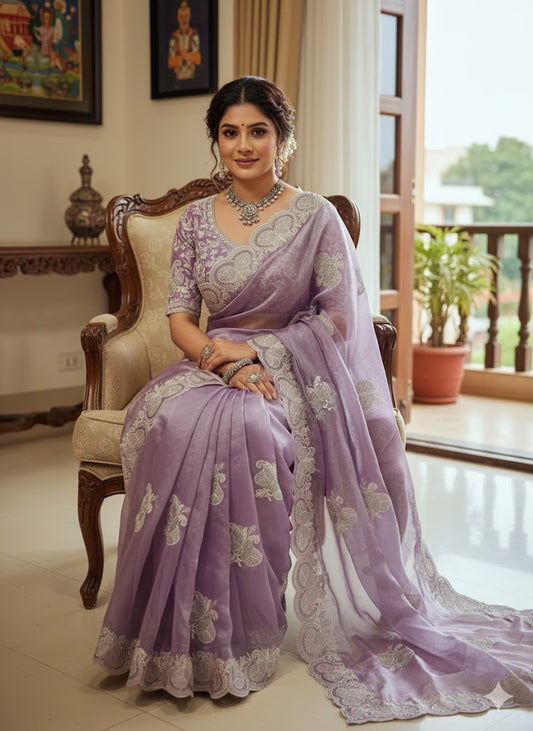 Burberry Chiffon Chikankari Embroidery Work Saree