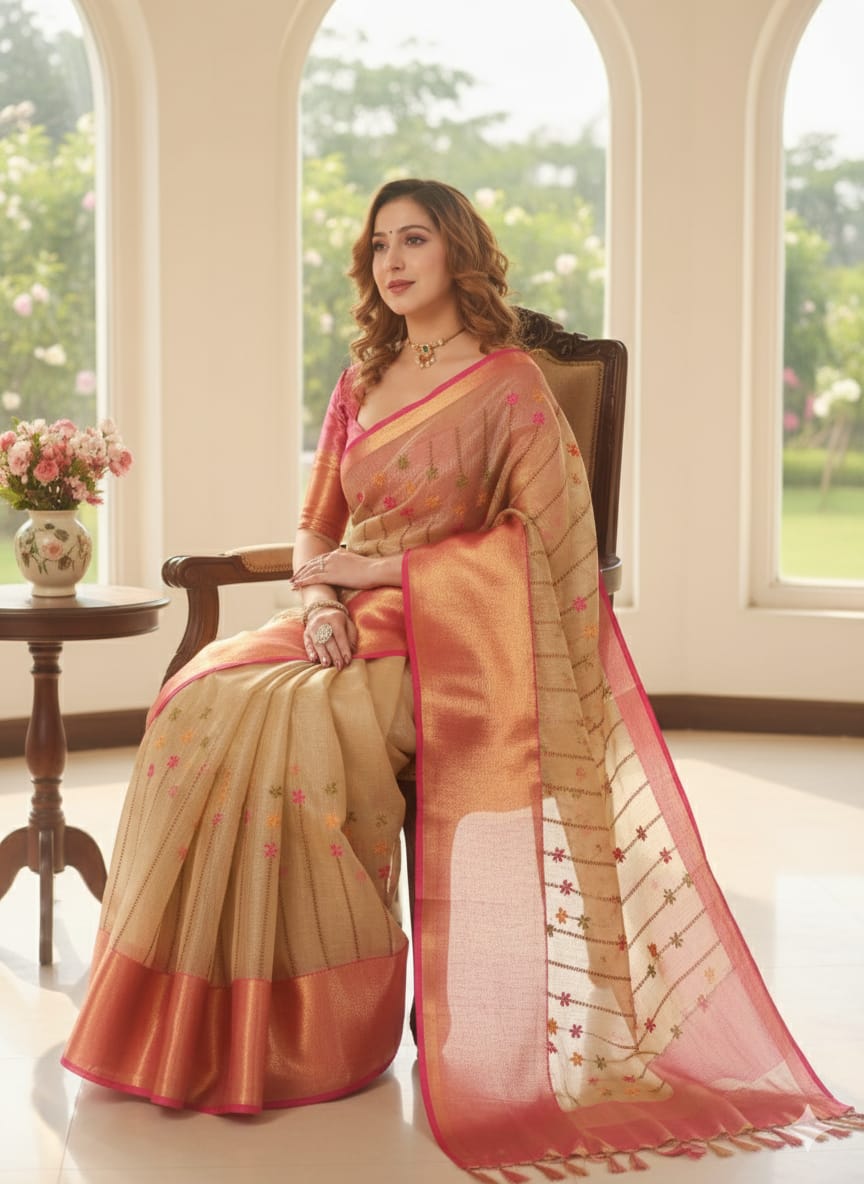 Banarasi Handwoven Embroidery Tissue Saree