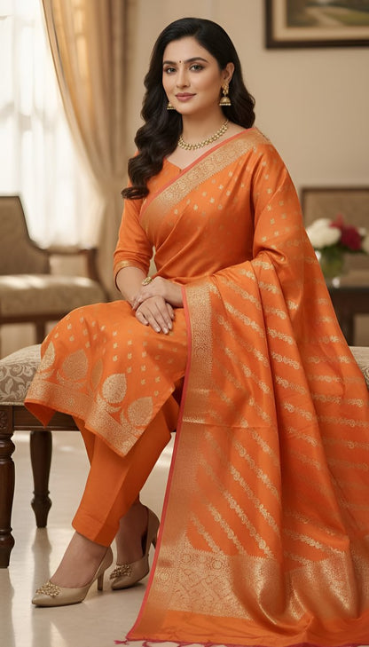 Unstitched Tapeta Silk Orange Suit For Women-Resham Weaving