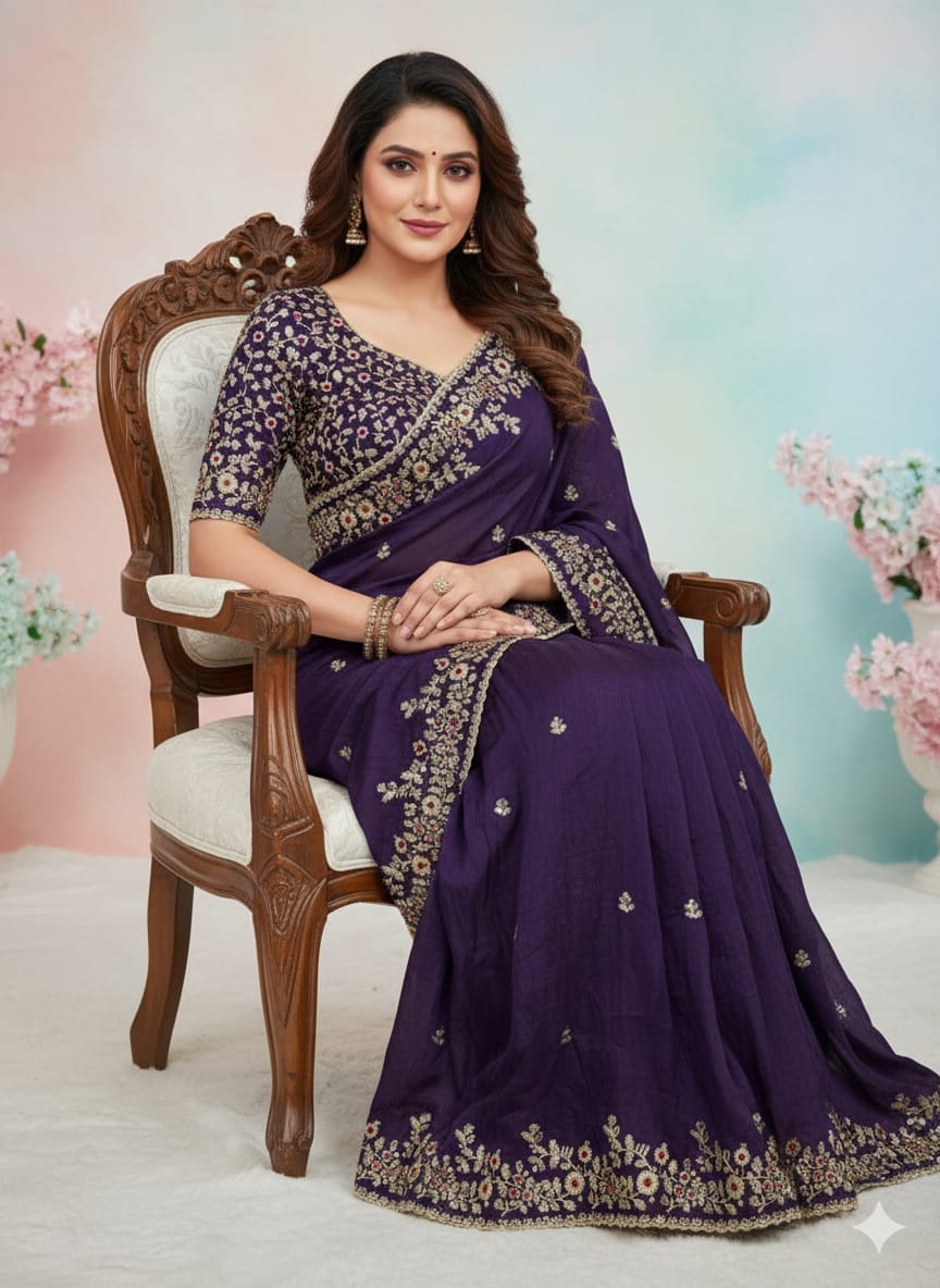 Frendy Chiffon Beautiful Sequence Embroidery Saree (D-0311)