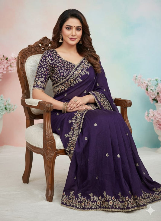 Frendy Chiffon Beautiful Sequence Embroidery Saree (D-0311)