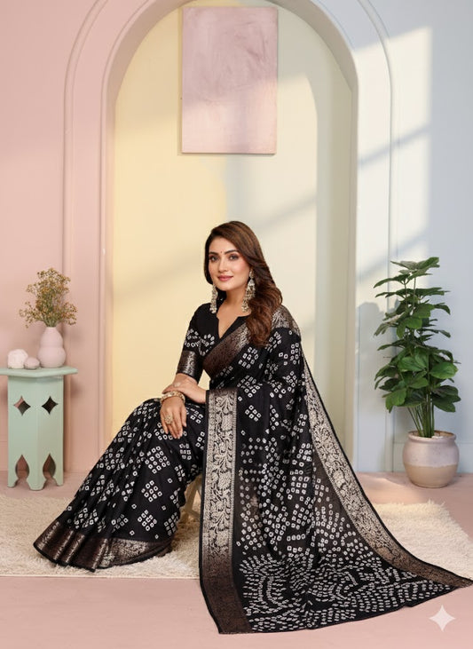 Paithani Bandhej Silk Saree With Zari Weaving Border