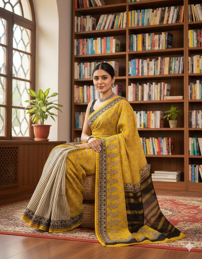 Soft Chanderi Silk Saree With Gold Zari Border