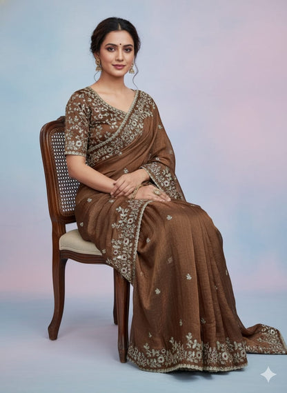 Frendy Chiffon Beautiful Sequence Embroidery Saree (D-0311)
