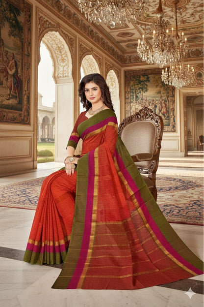 Women's pure silk orange saree with green border
