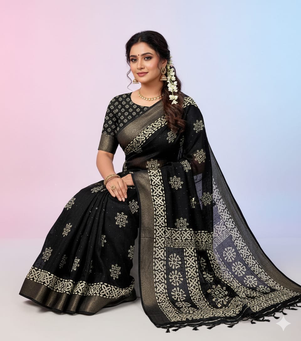 Cotton Crape Sequence Batik Saree