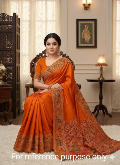 Women Pure Soft Rajwadi Pashmina Silk Weaving Saree With Butti Blouse - Orange