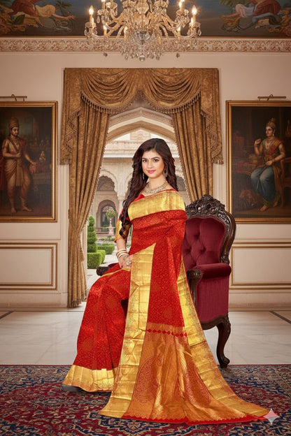 Saree Kanjivaram Pure silk Red Golden fully Woven Sari wedding partywear