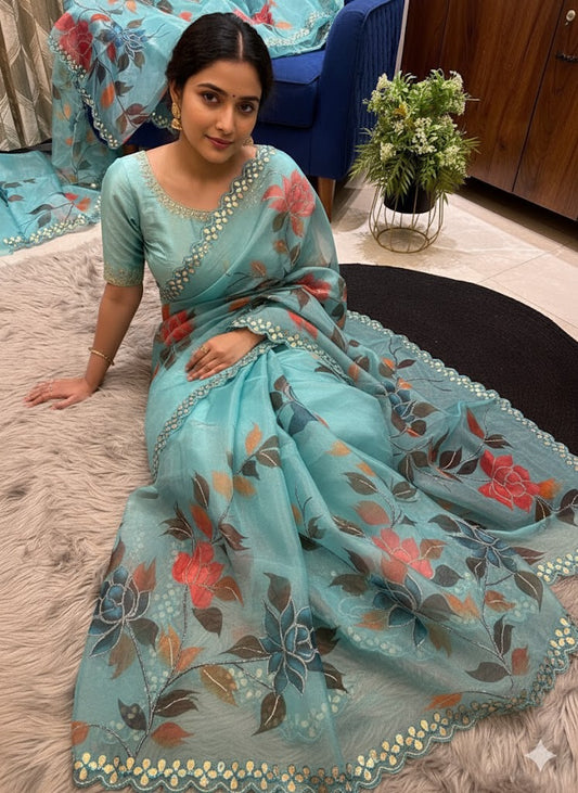 Pure Organza Saree In Floral Digital Print With Handwork