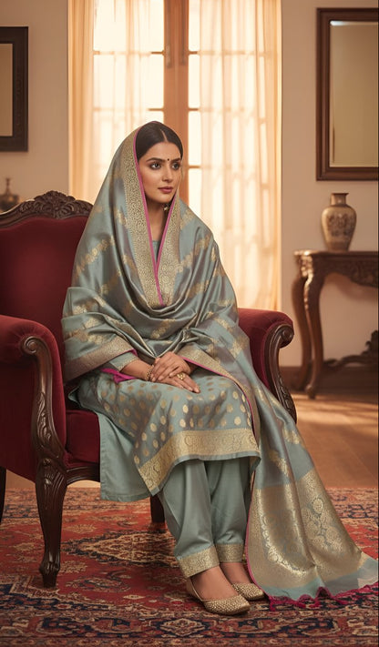Unstitched Tapeta Silk Grey Suit For Women-Resham Weaving