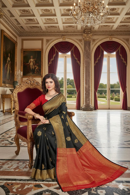 Saree Kanjivaram Pure silk black Gold Woven booti Sari wedding partywear