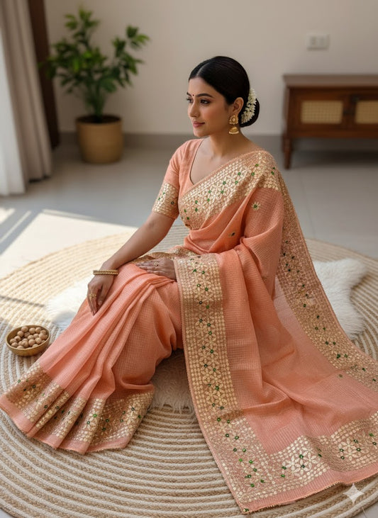 Soft Kota Doriya With Zari Chex Fabric Saree-Peach