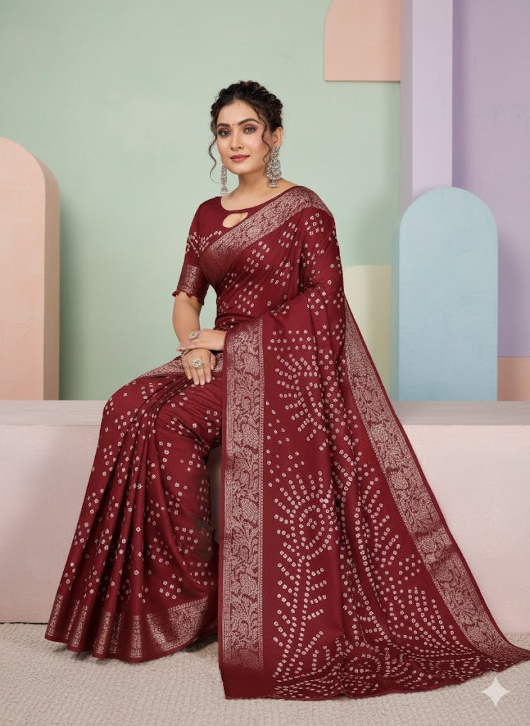 Paithani Bandhej Silk Saree With Zari Weaving Border
