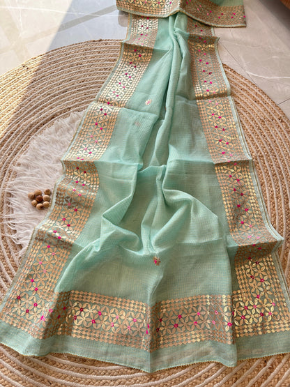 Soft Kota Doriya With Zari Chex Fabric Saree-Mint Green