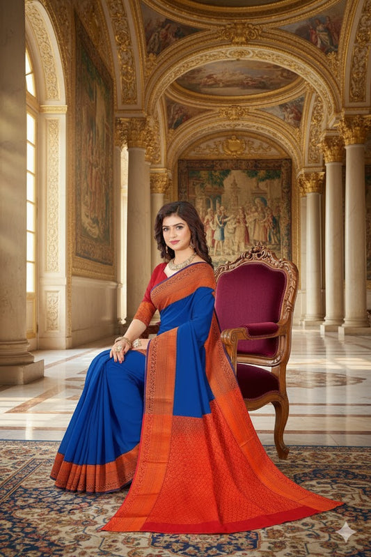 Women's Soft Silk Golden Border Blue Saree Kanjivaram Style Sari