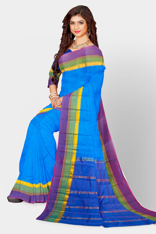 Women's Soft Silk Blue Border SkyBlue Saree Kanjivaram Style Sari