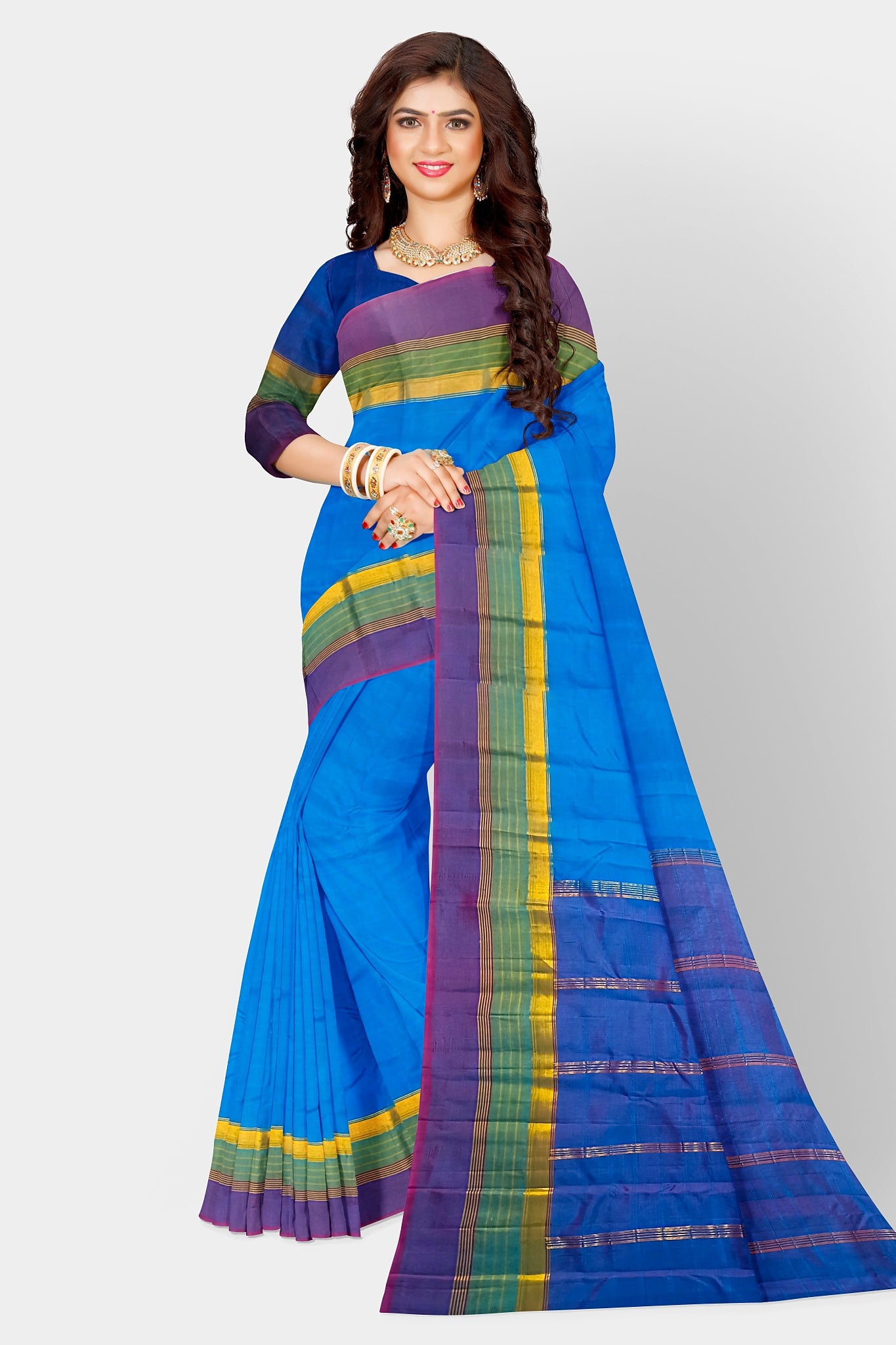 Women's Soft Silk Blue Border SkyBlue Saree Kanjivaram Style Sari
