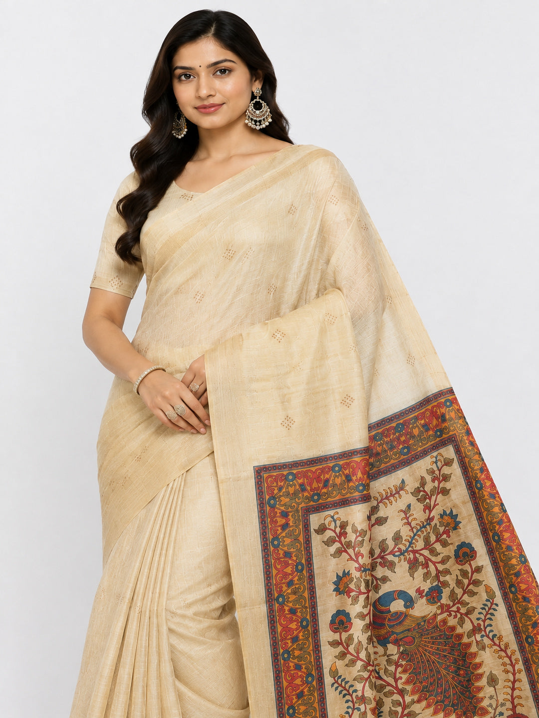 Cotton Cream-coloured and Brown sarees