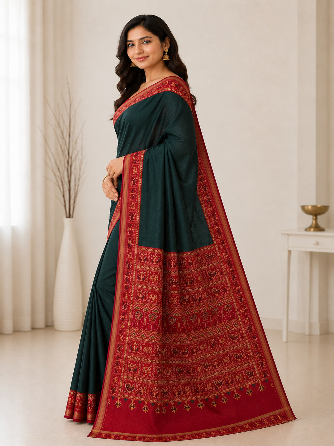 Green & Red Mall Cotton Saree/Sari Festive Partywear Unstitched Blouse pc