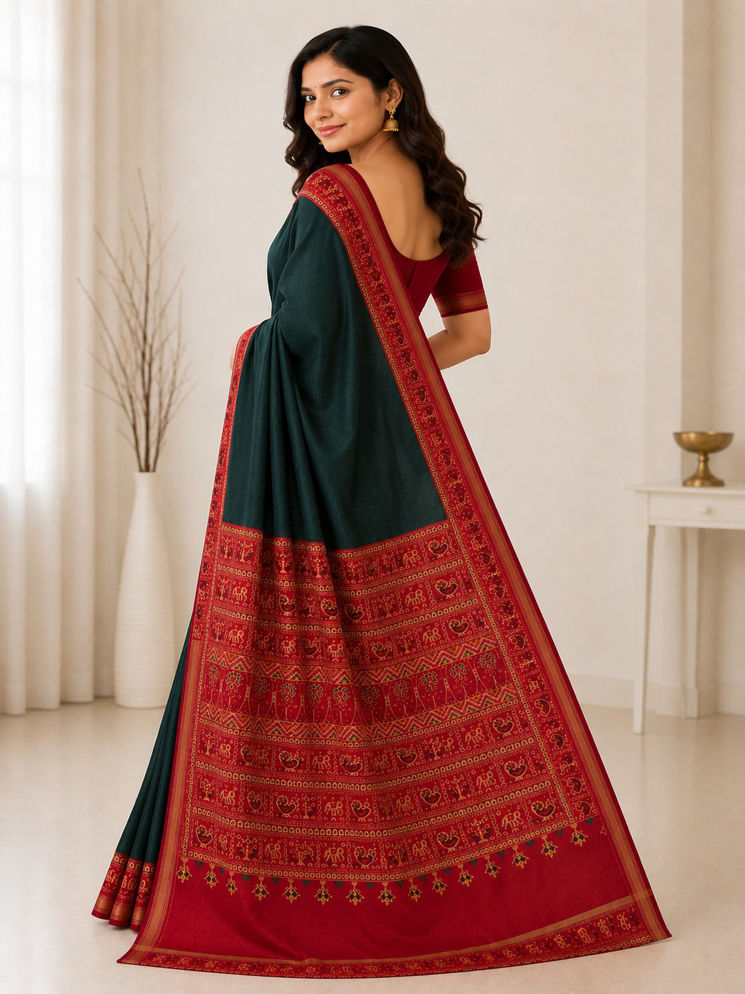 Green & Red Mall Cotton Saree/Sari Festive Partywear Unstitched Blouse pc