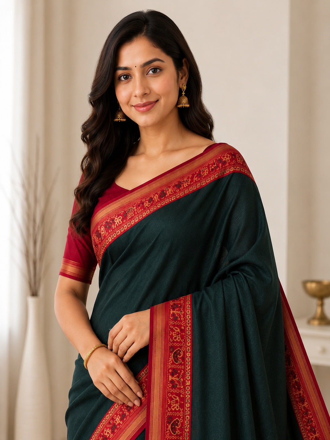 Green & Red Mall Cotton Saree/Sari Festive Partywear Unstitched Blouse pc