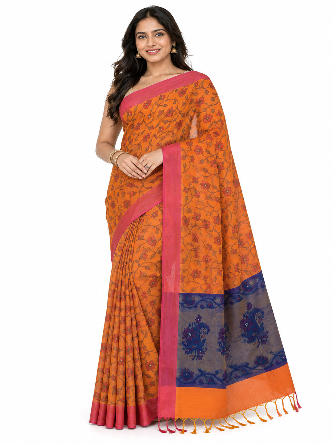 Soft Silk  Floral & Peacock Printed Tassels Sequins Work Saree/Sari