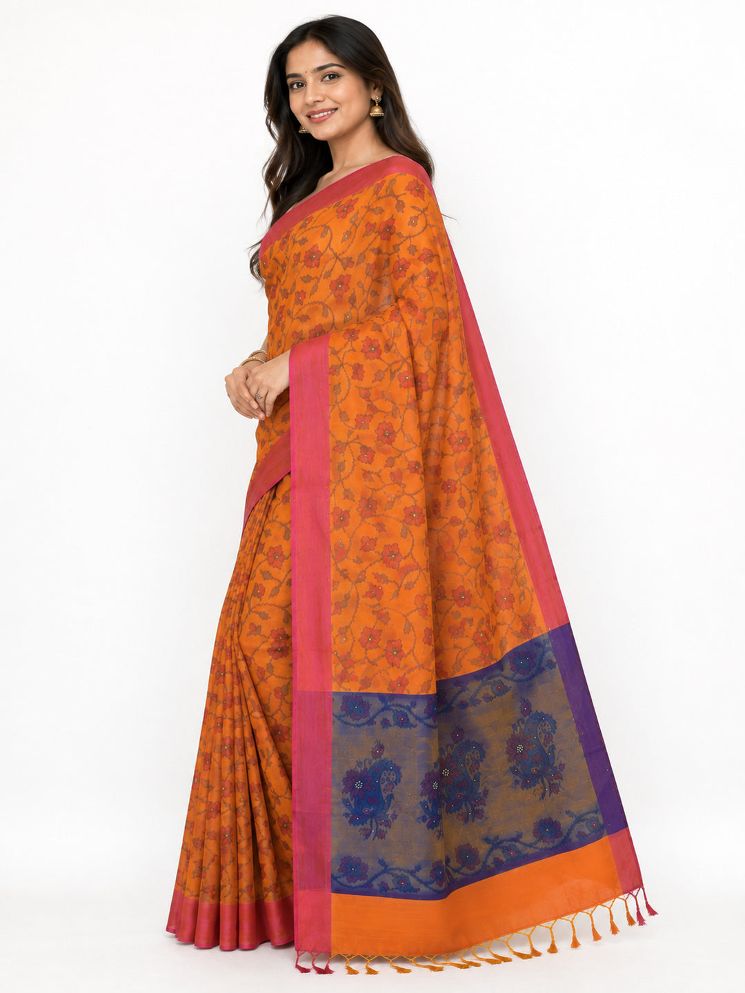 Soft Silk  Floral & Peacock Printed Tassels Sequins Work Saree/Sari