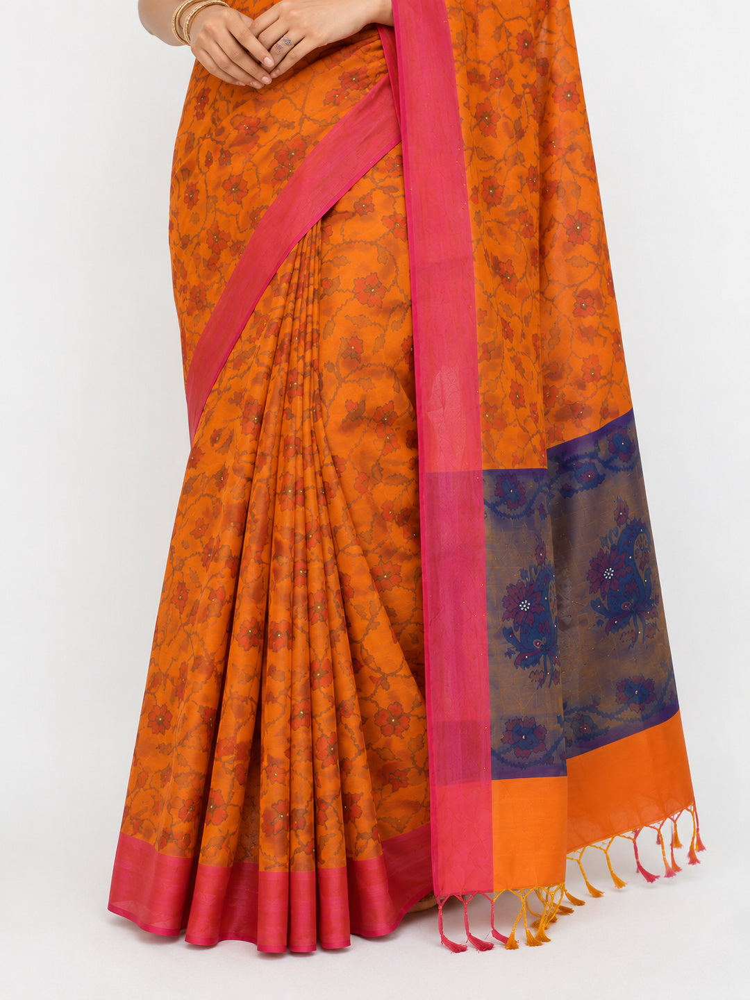 Soft Silk  Floral & Peacock Printed Tassels Sequins Work Saree/Sari