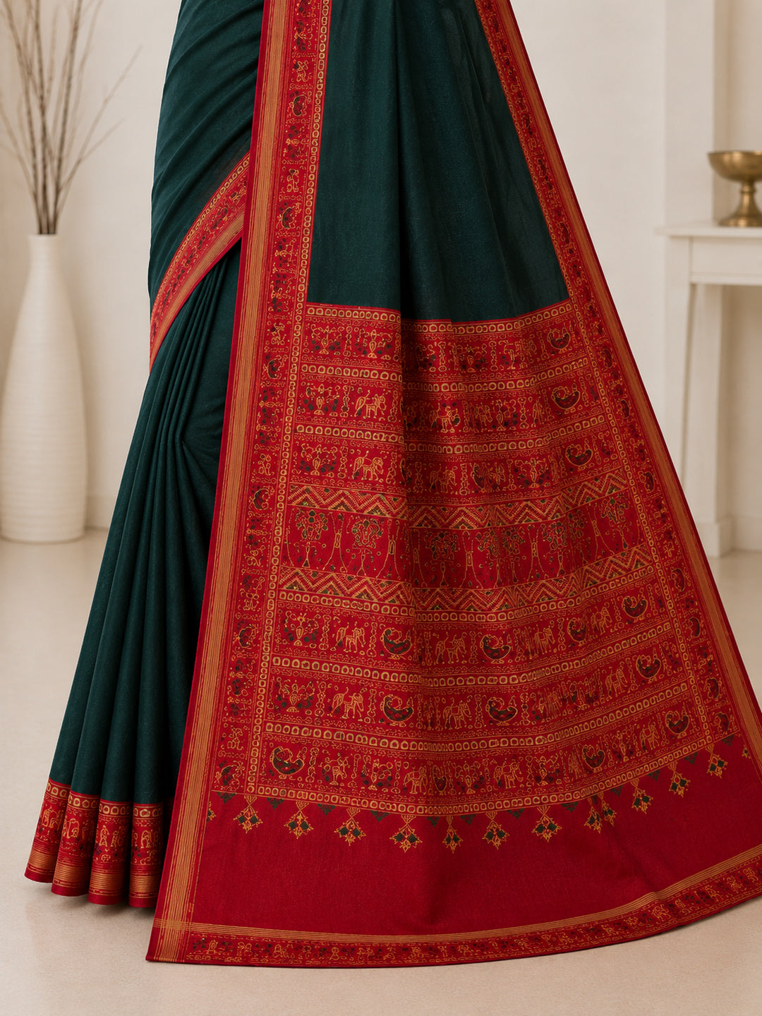 Green & Red Mall Cotton Saree/Sari Festive Partywear Unstitched Blouse pc