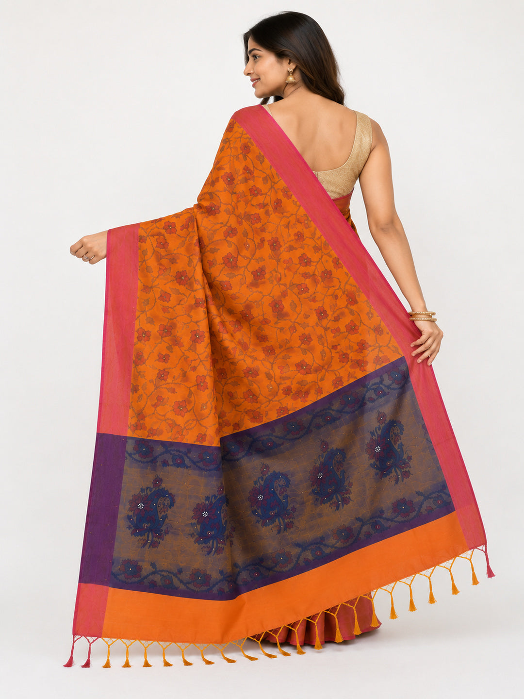 Soft Silk  Floral & Peacock Printed Tassels Sequins Work Saree/Sari