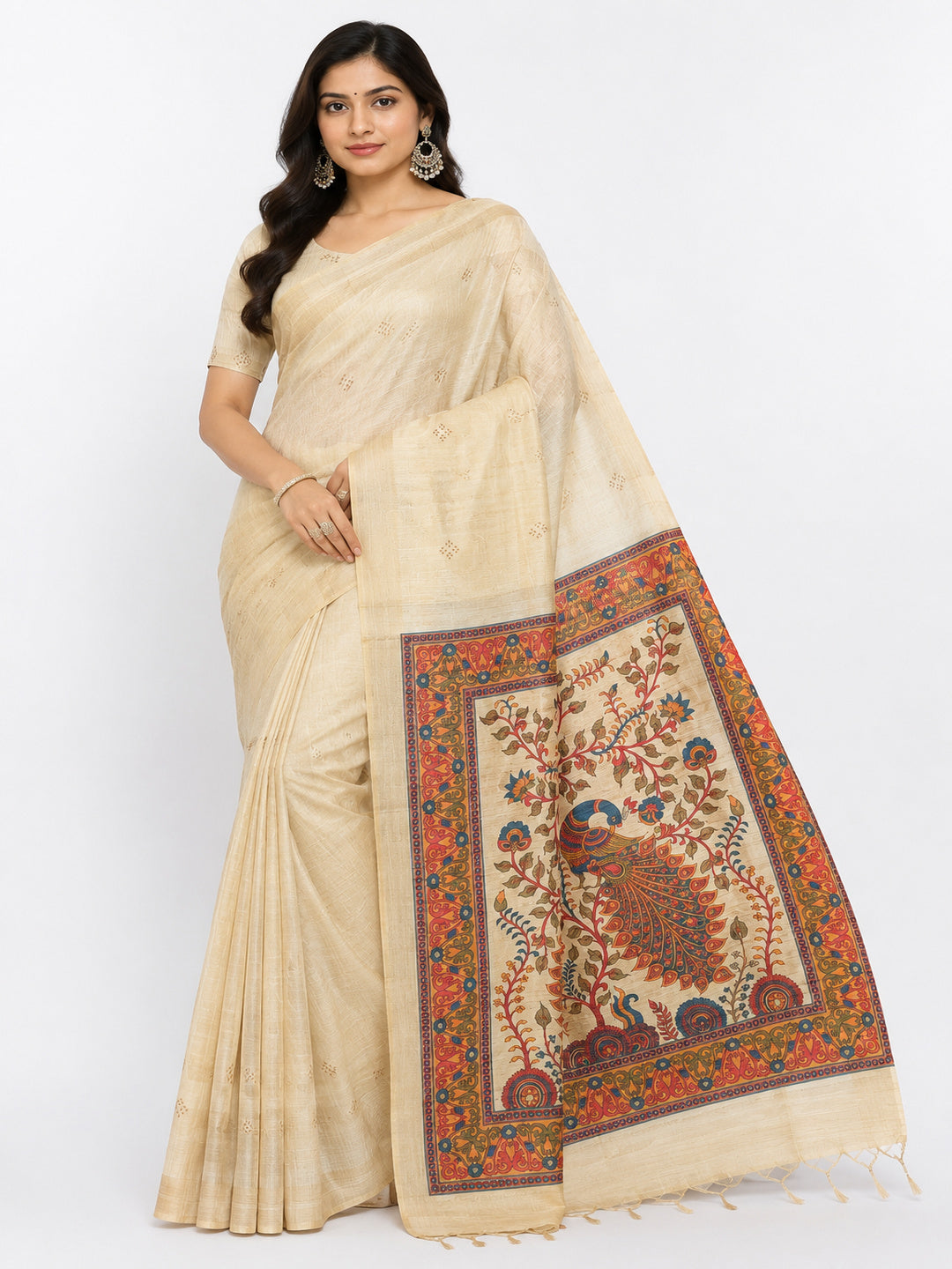 Cotton Cream-coloured and Brown sarees