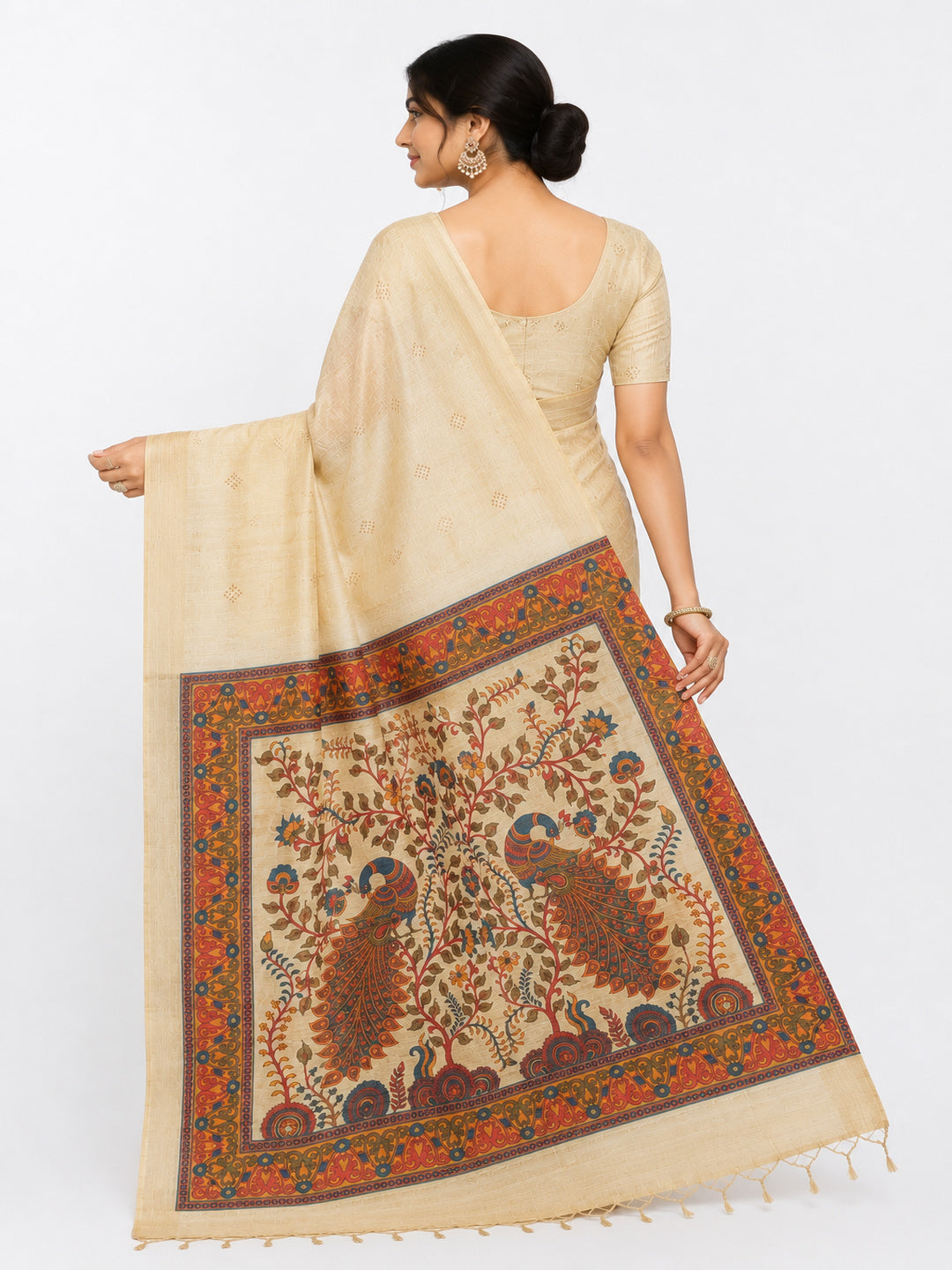 Cotton Cream-coloured and Brown sarees