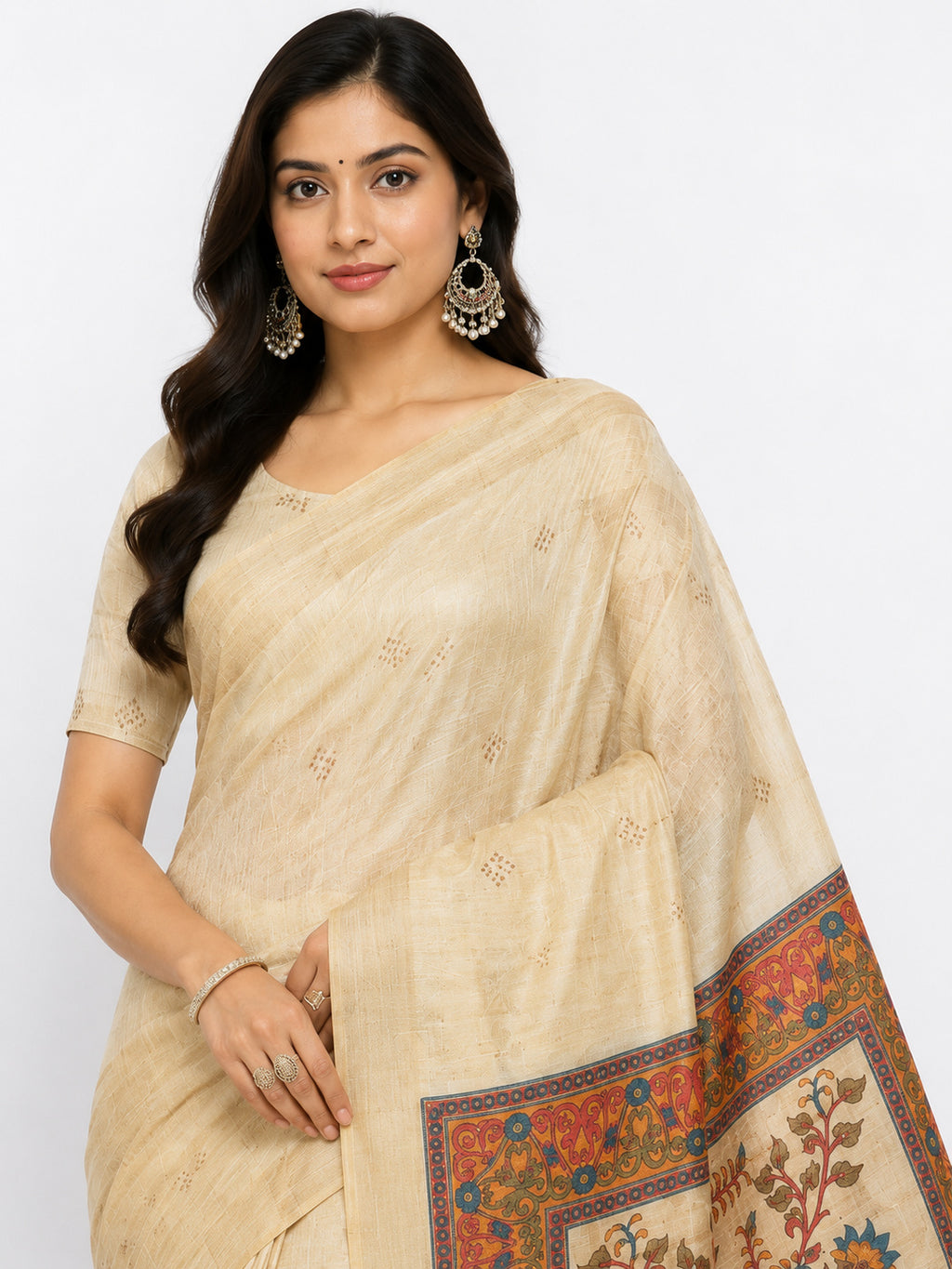 Cotton Cream-coloured and Brown sarees