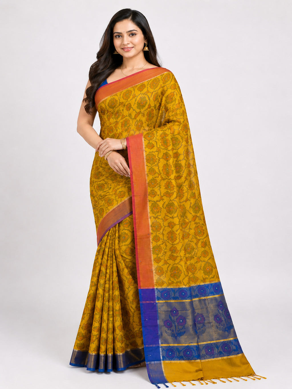 Soft Silk  Floral & Peacock Printed Tassels Sequins Work Saree/Sari