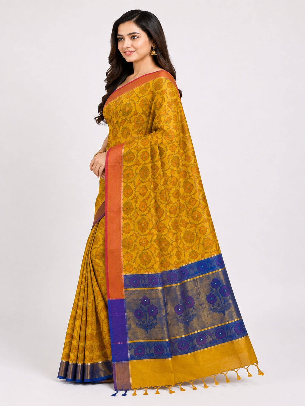 Soft Silk  Floral & Peacock Printed Tassels Sequins Work Saree/Sari