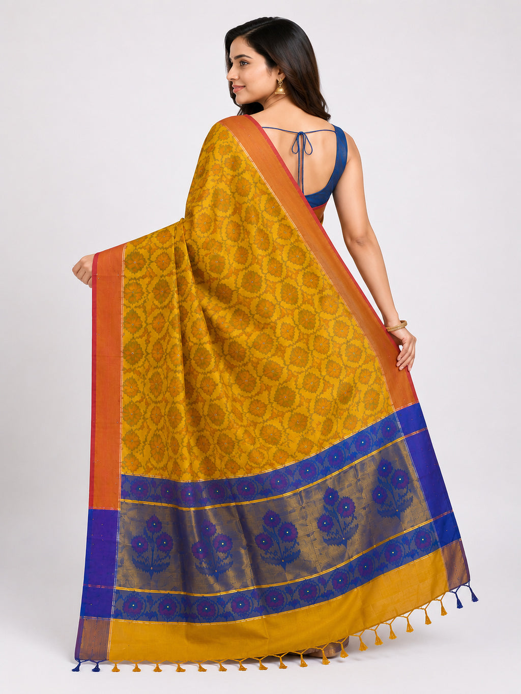 Soft Silk  Floral & Peacock Printed Tassels Sequins Work Saree/Sari