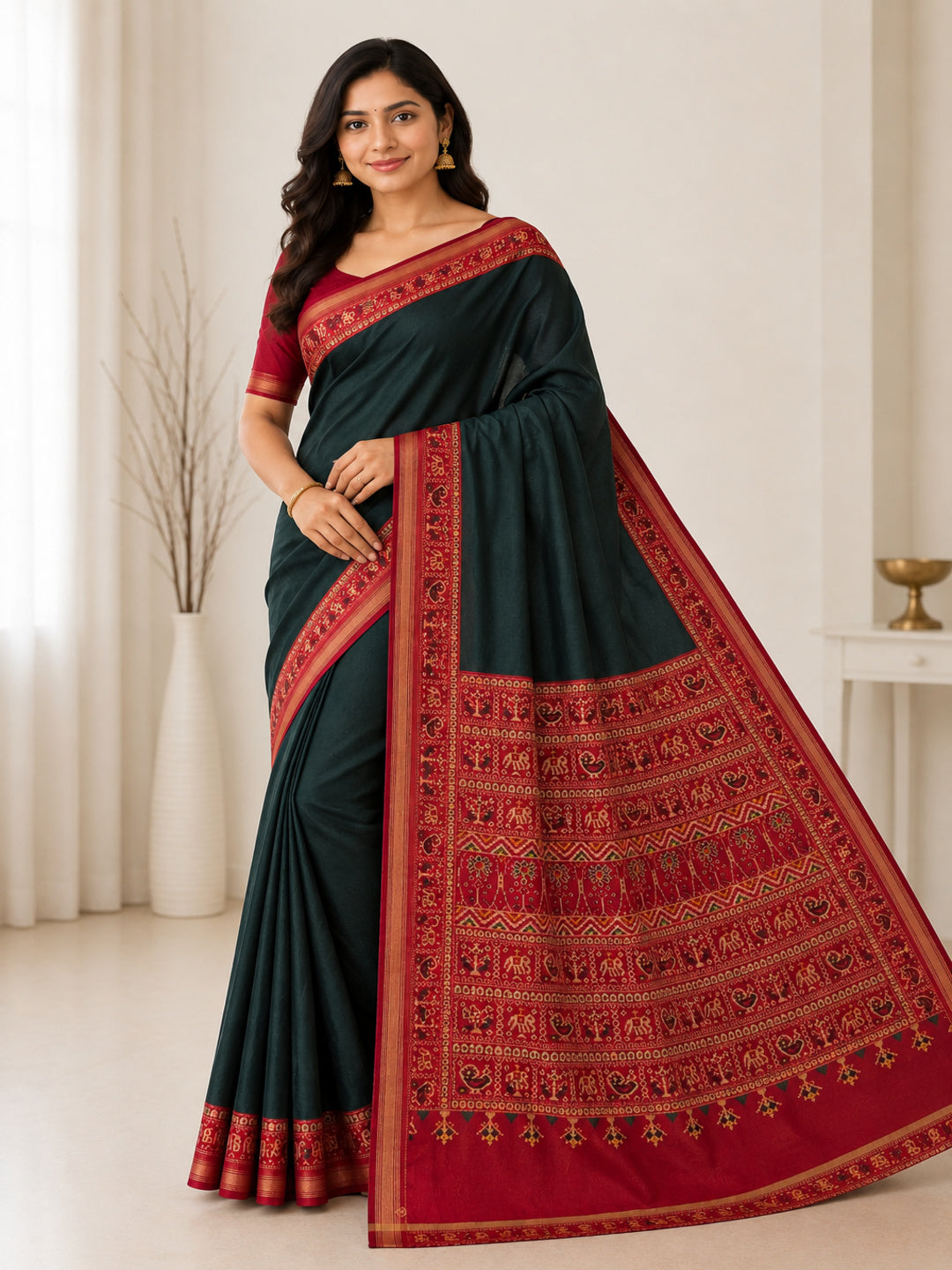 Green & Red Mall Cotton Saree/Sari Festive Partywear Unstitched Blouse pc
