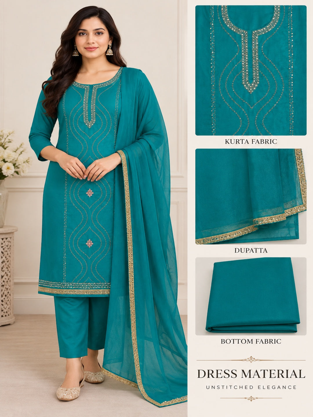 Crepe Silk & Muslin with Chiffon Dupatta Unstitched Suit Rama Green Color