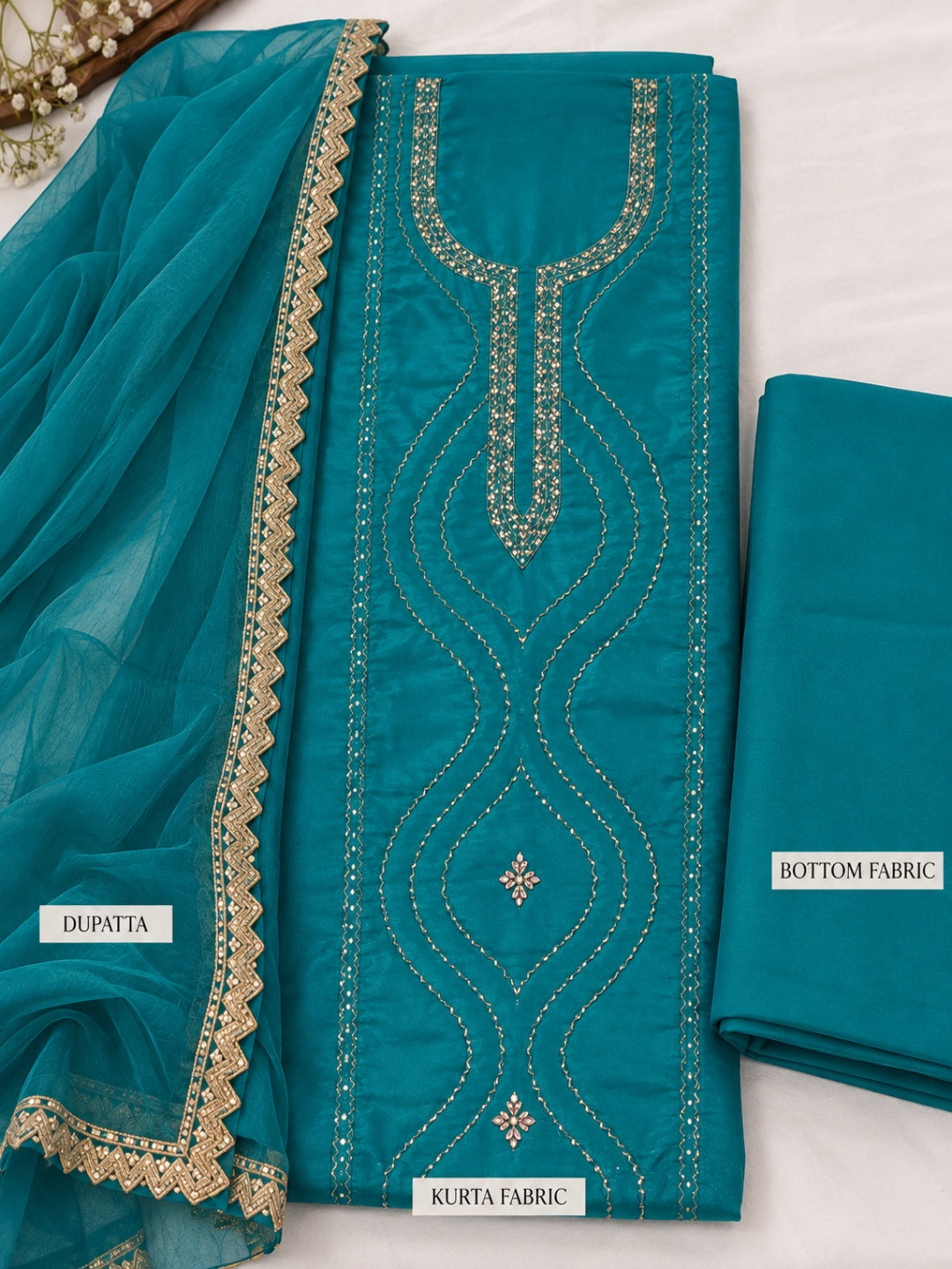 Crepe Silk & Muslin with Chiffon Dupatta Unstitched Suit Rama Green Color