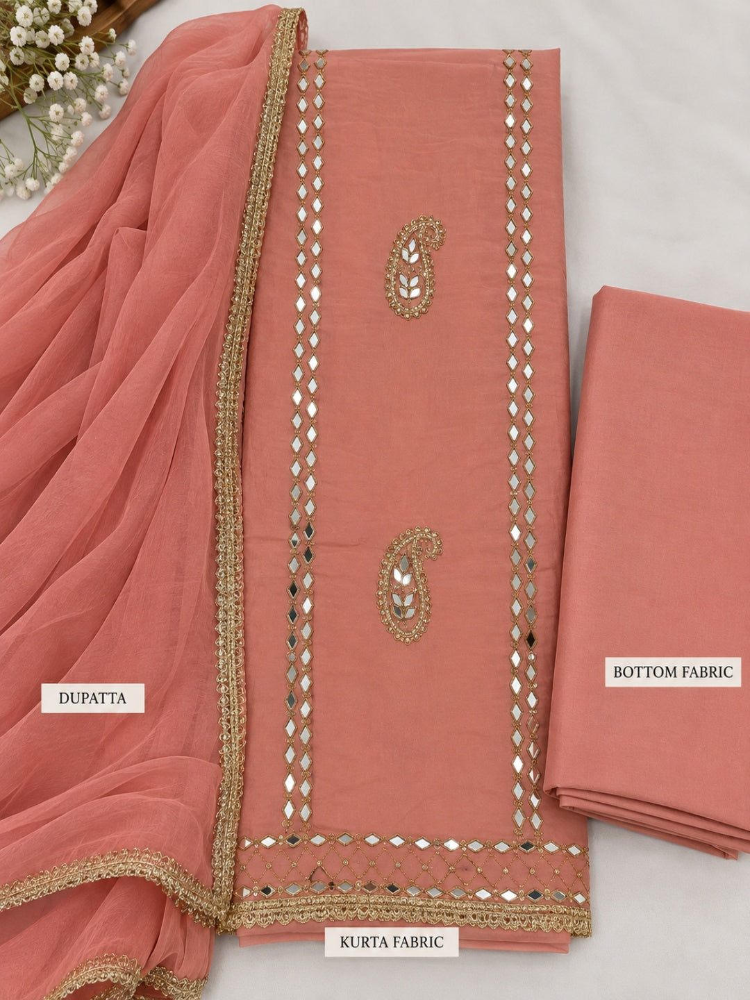 Muslin with Chiffon Dupatta Unstitched Suit Peach Color