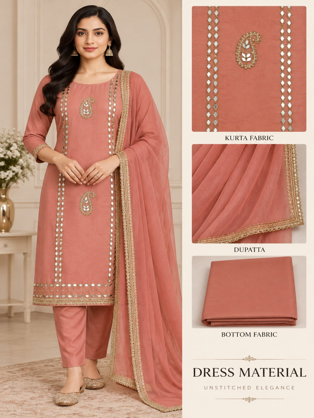Muslin with Chiffon Dupatta Unstitched Suit Peach Color