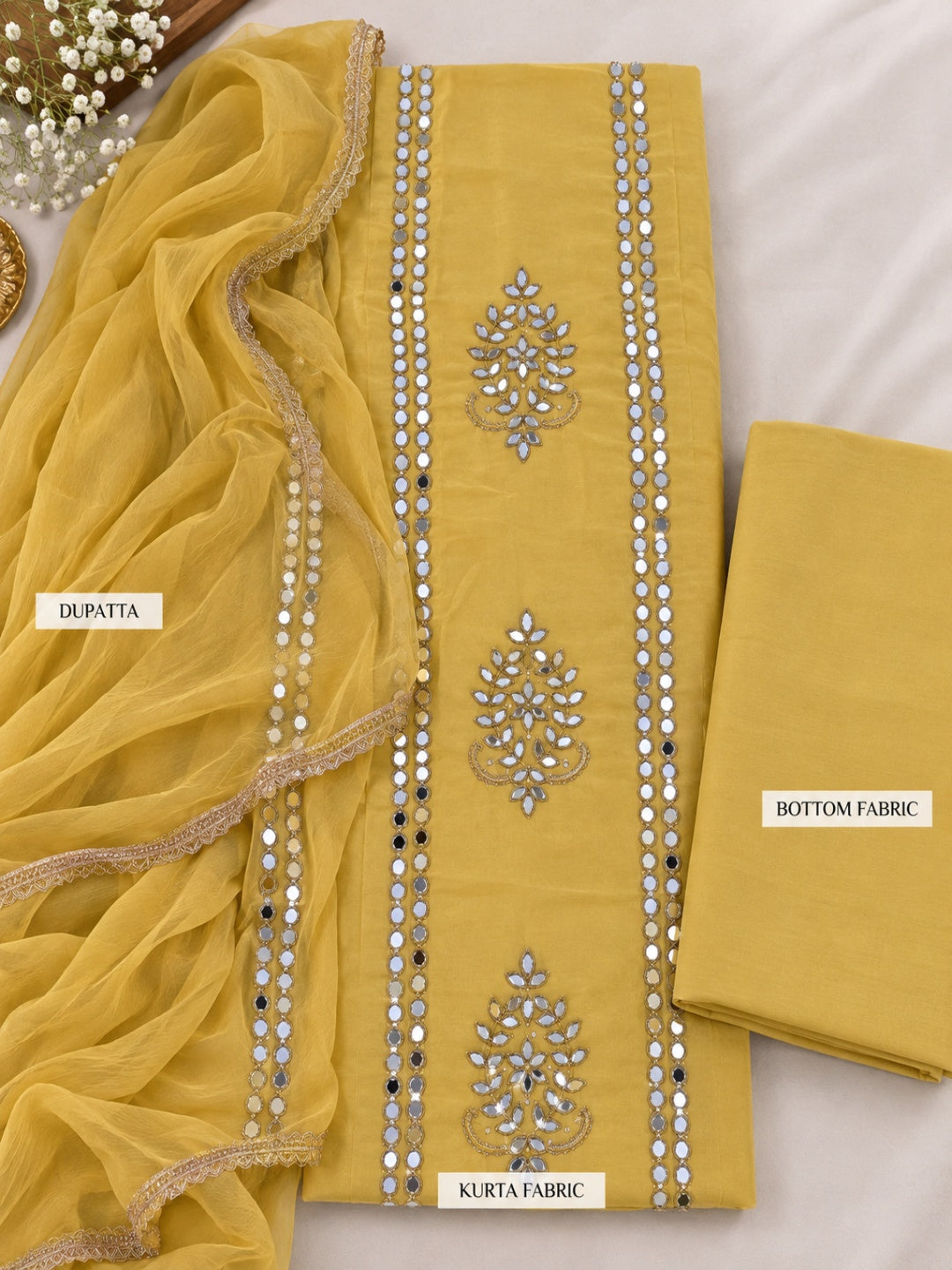 Muslin with Chiffon Dupatta Unstitched Suit Haldi Yellow Color